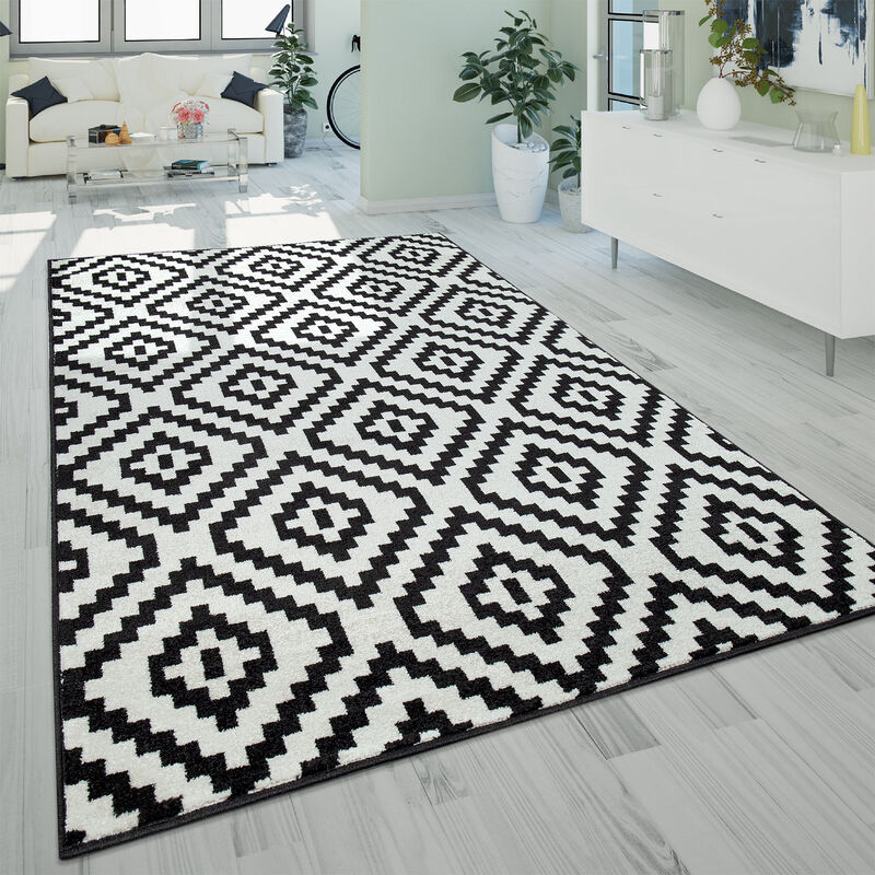 Tapis à Poils Ras Salon Moderne 3D Géométrique Motif Losanges Noir Blanc 160x220 cm - Paco Home