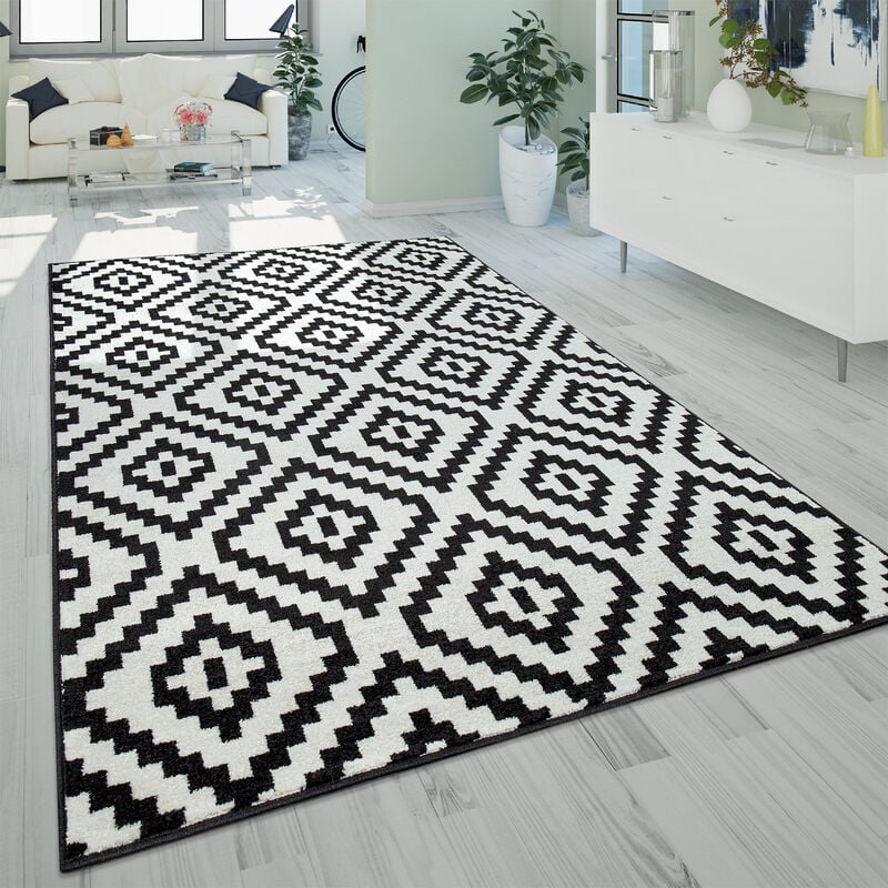 Tapis à Poils Ras Salon Moderne 3D Géométrique Motif Losanges Noir Blanc 120x170 cm - Paco Home