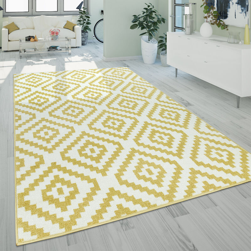 Tapis à Poils Ras Salon Moderne Géométrique Motif Ethnique Jaune Blanc 70x250 cm - Paco Home