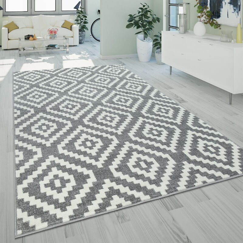 Tapis à Poils Ras Salon Moderne Géométrique Motif Losanges En Gris Blanc 70x140 cm - Paco Home