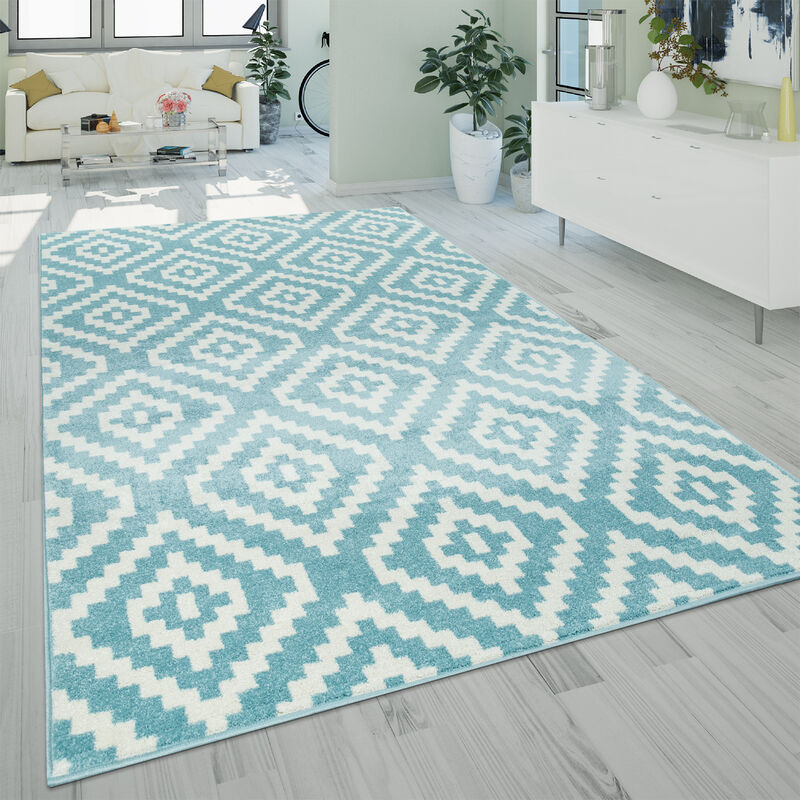 Tapis à Poils Ras Salon Moderne Géométrique Motif Losanges En Pastel Bleu 70x250 cm - Paco Home