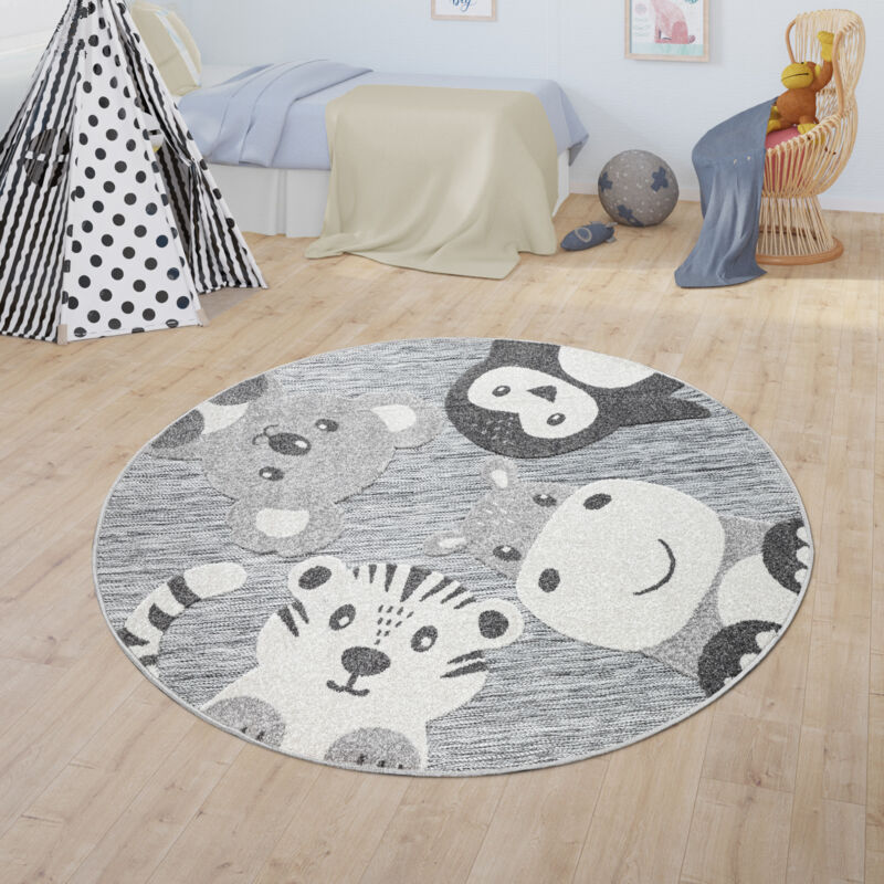 Tapis Chambre D'enfant Tapis Extérieur Rond Tapis Jouet Enfant Effet 3D Moderne 120 cm rond, Gris 3 - Paco Home