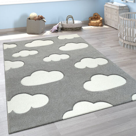 Paco Home Tapis Chambre Enfant Adorable Couleurs Pastel Motif Nuages Poils Ras En Gris Blanc