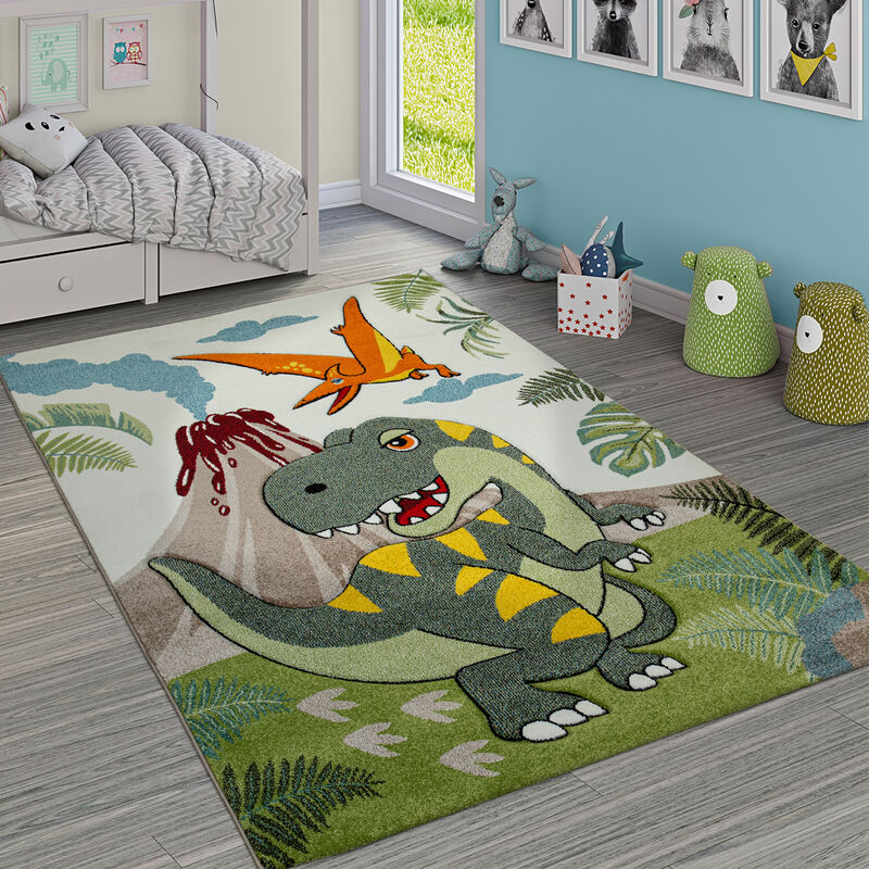 Paco Home - Tapis Chambre Enfant Adorable Dinosaures Jungle Volcan Effet 3-D Poils Ras Vert 133 cm carré