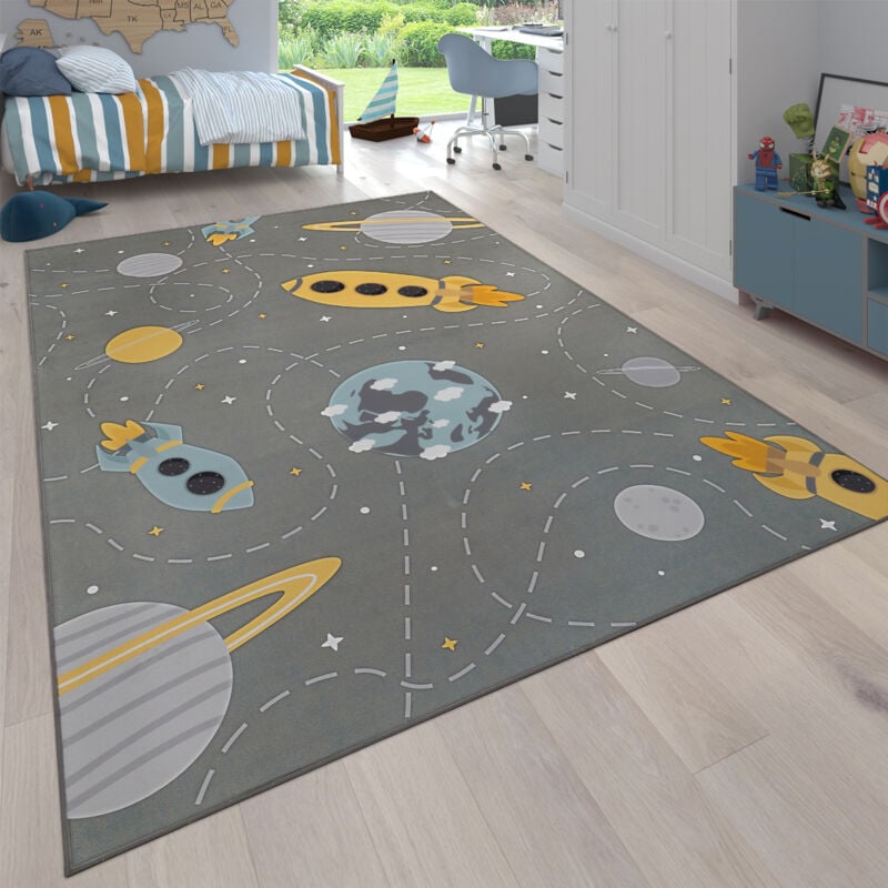 Tapis Chambre Enfant Bebe Antidérapant Etoile Planète Fusée Gris Bleu Jaune 80x150 cm - Paco Home