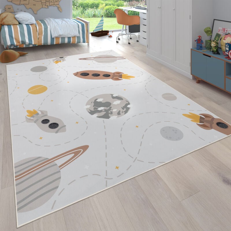 Tapis Chambre Enfant Bebe Fille Garcon Antidérapant Planète Beige Marron Jaune 100x200 cm - Paco Home