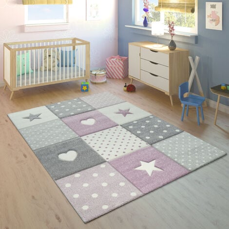 Paco Home Tapis Chambre Enfant Bebe Fille Garcon Coeur Pois Etoile 3D Violet Gris Crème 120 cm rond