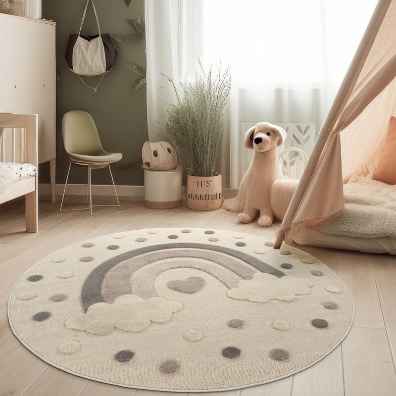 Paco Home Tapis moderne pour chambre d'enfant Tapis de jeu doux Effet 3D Tons naturels 160 cm rond, Crème
