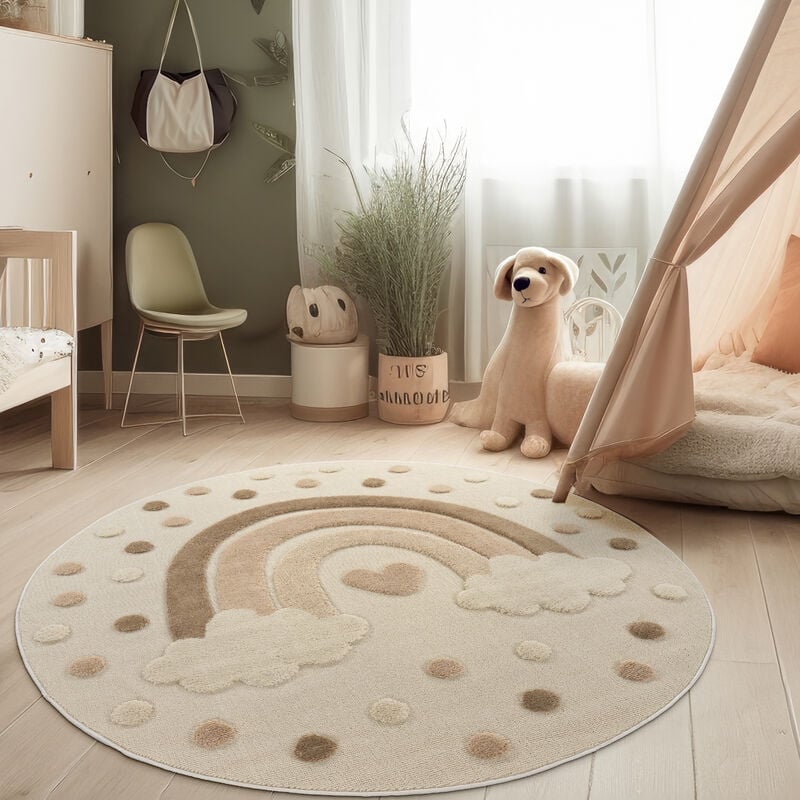 Tapis moderne pour chambre d'enfant Tapis de jeu doux Effet 3D Tons naturels 120 cm rond, Sable - Paco Home