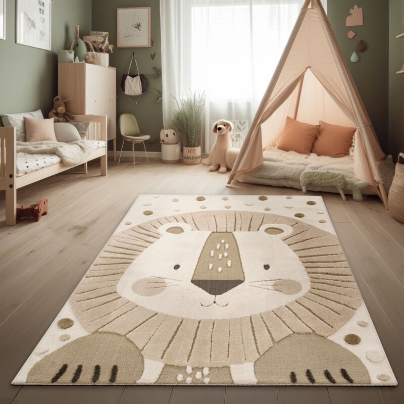 Paco Home Tapis Chambre Enfant Effet Haut-Bas Lion Couleurs Naturelles Soft-Touch Beige Crème Charbon 120x160 cm