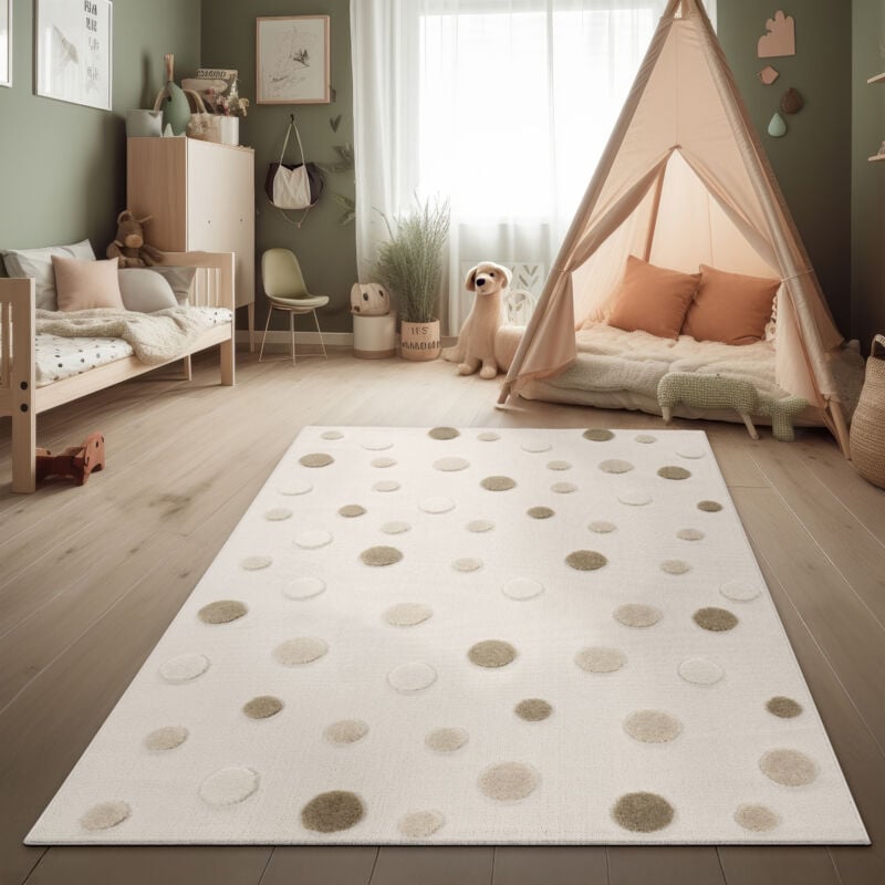 Paco Home - Tapis Chambre Enfant Effet Haute-Basse Points Couleurs Naturelles Soft-Touch Beige Marron Crème 120x160 cm
