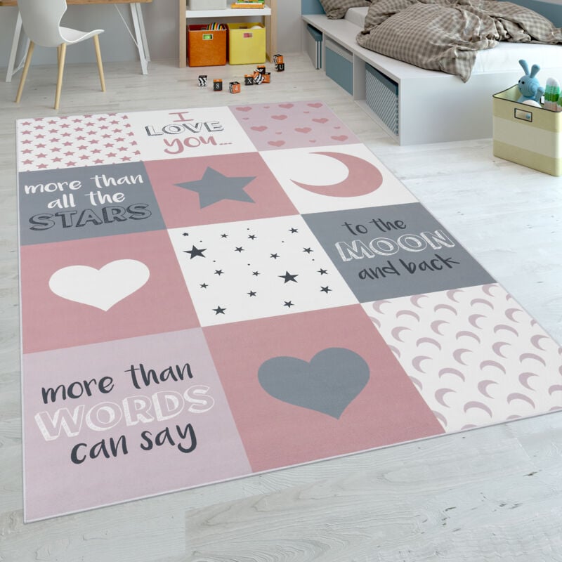 Tapis Chambre Enfant Filles Curs Étoiles Lune Inscription Rose Gris 80x150 cm - Paco Home