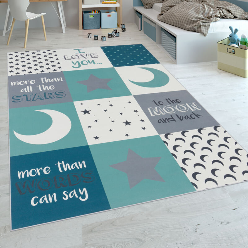 Tapis Chambre Enfant Garà§ons Cœurs Étoiles Lune Inscription Bleu Gris 120x160 cm - Paco Home