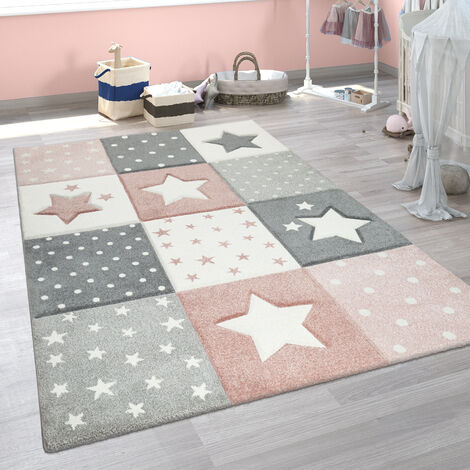 Kinderzimmer Teppich Rosa Grau Pastellfarben Karo Muster Sterne Punkte Design
