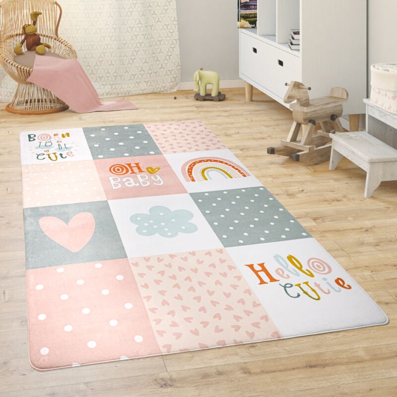 Tapis Chambre Enfant Tapis De Jeux Tapis Bébé Animaux Arc-En-Ciel Cœur 80x150 cm, Pink - Paco Home