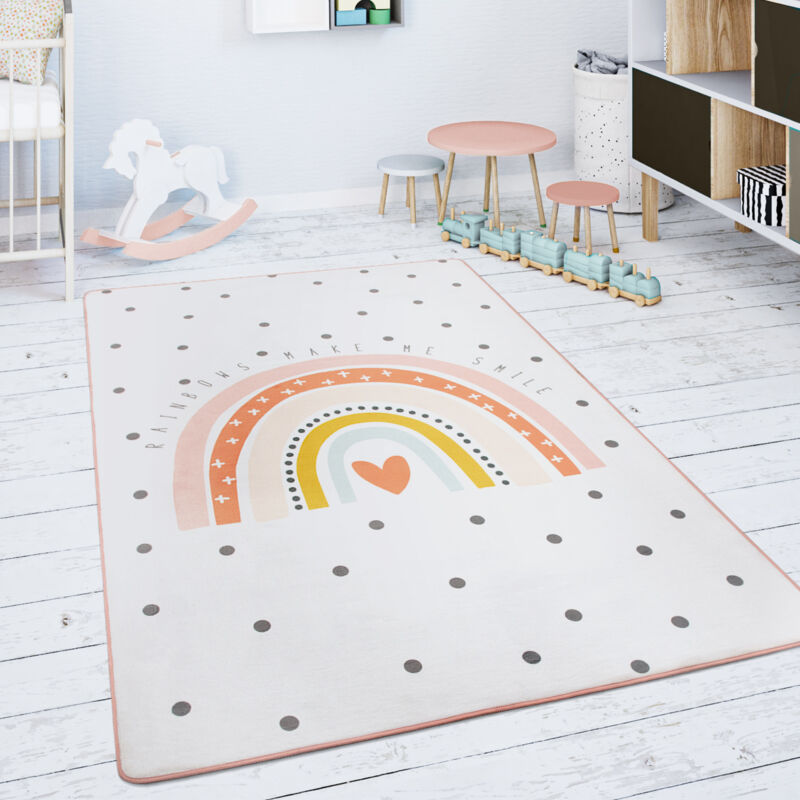 Tapis Chambre Enfant Tapis De Jeux Tapis Bébé Arc-En-Ciel Cœur Blanc Cassé Rose 80x150 cm - Paco Home