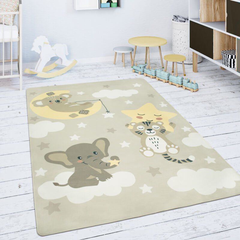 Paco Home Tapis Chambre Enfant Tapis De Jeux Tapis Bébé Étoile Nuage Lune Beige Blanc 80x150 cm