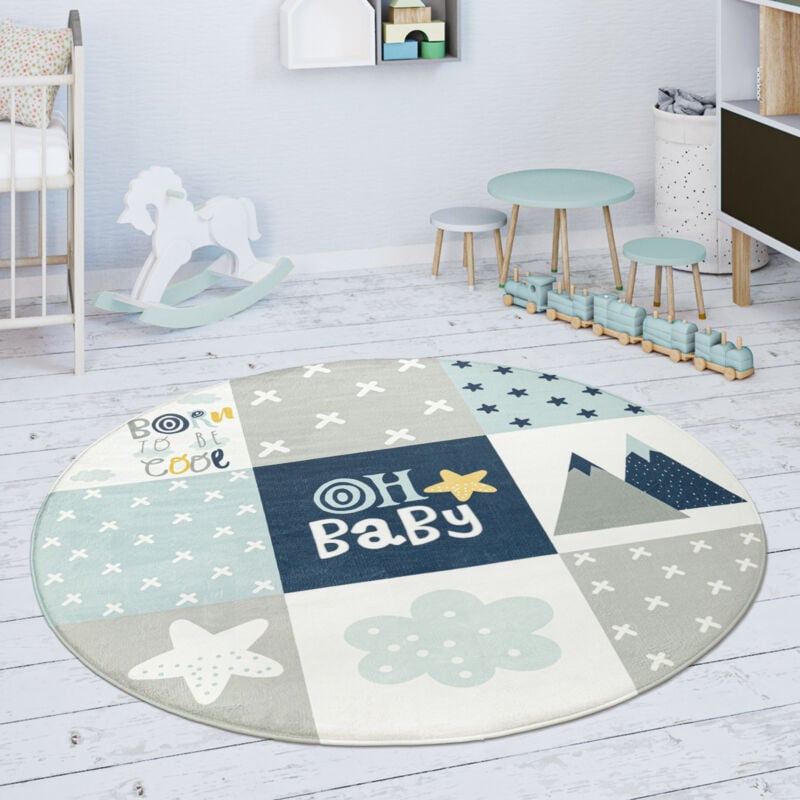 Tapis Chambre Enfant Tapis De Jeux Tapis Bébé Losanges Étoiles Gris Bleu Blanc 120 cm rond - Paco Home