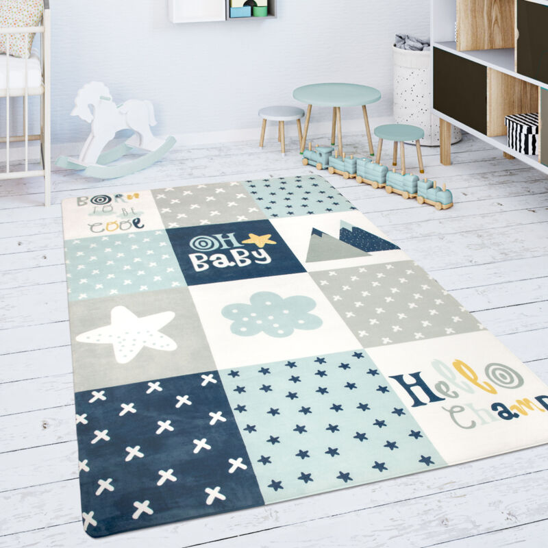 Tapis Chambre Enfant Tapis De Jeux Tapis Bébé Losanges Étoiles Gris Bleu Blanc 80x150 cm - Paco Home