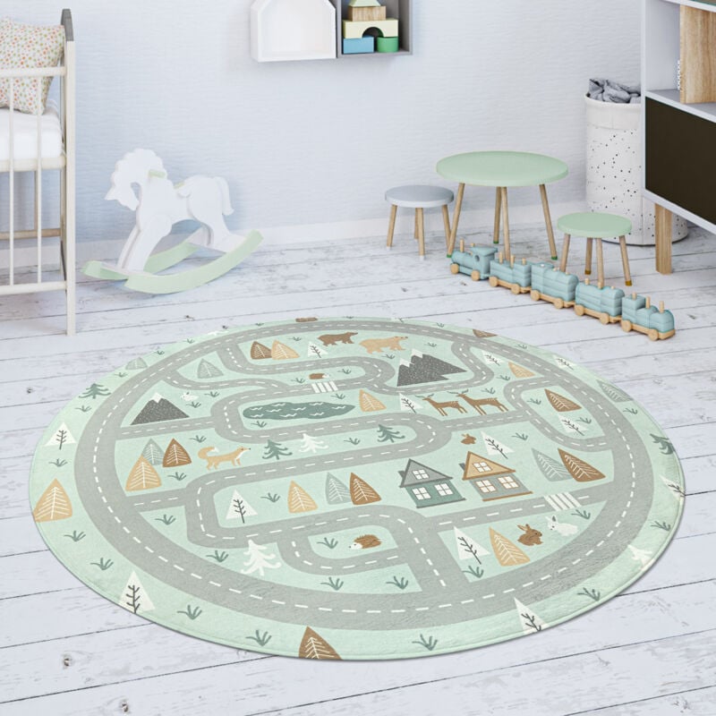 Tapis Chambre Enfant Tapis De Jeux Tapis Bébé Route Ours Élan Arbres Vert Gris 120 cm rond - Paco Home