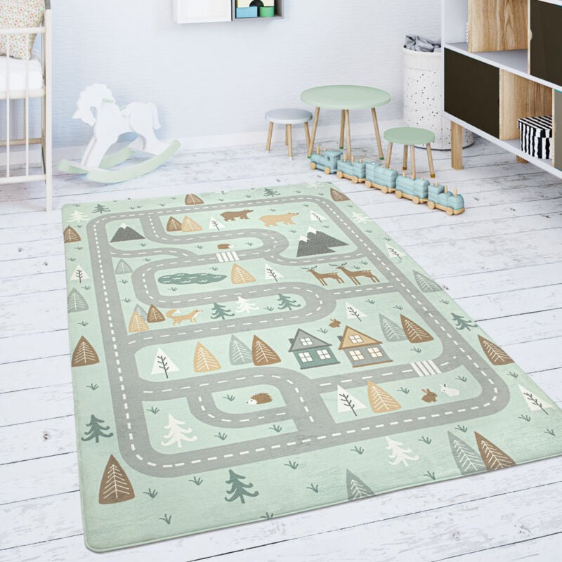 Tapis Chambre Enfant Tapis De Jeux Tapis Bébé Route Ours Élan Arbres Vert Gris 120x160 cm - Paco Home