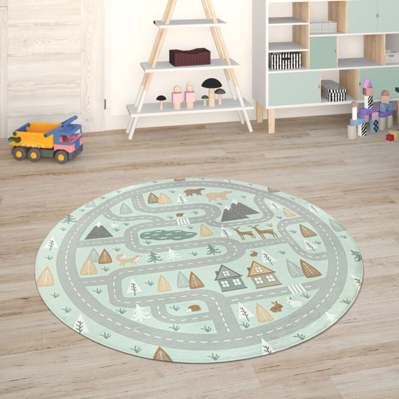 Tapis Chambre Enfant Tapis De Jeux Tapis Bébé Tapis Enfant Route Tapis De Jeux Turquoise, 150 cm Rund (de) - Paco Home