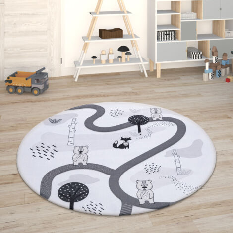 Paco Home Tapis Chambre Enfant Tapis De Jeux Tapis Bébé Tapis Enfant Route Tapis De Jeux Blanc, 80 cm rond