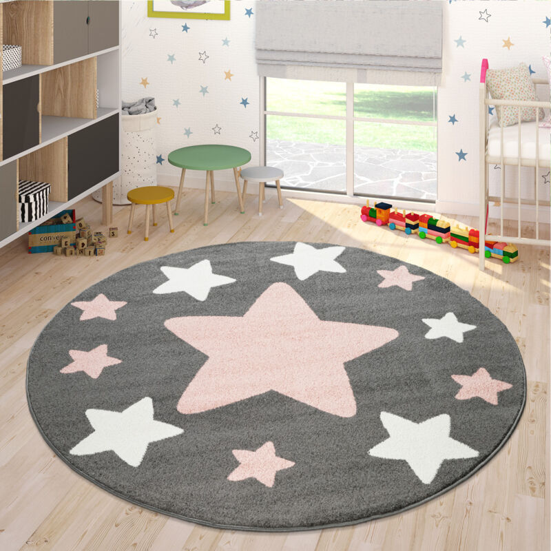 Paco Home - Tapis Chambre Enfant Tapis Enfant Grands Et Petits Étoiles Gris Rose 120 cm rond