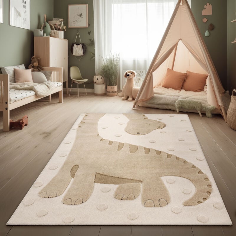 Tapis Chambre Enfants Effet Haut-Bas Dino Couleurs Naturelles Soft-Touch Beige Crème Charbon 80x150 cm - Paco Home