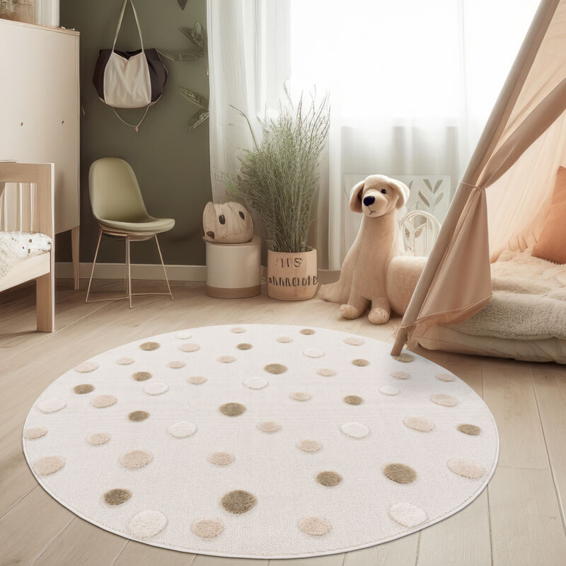 Tapis de chambre d'enfant Rond Tapis d'enfant de jeu Points 3D Tons terre Crème 120 cm rond - Paco Home