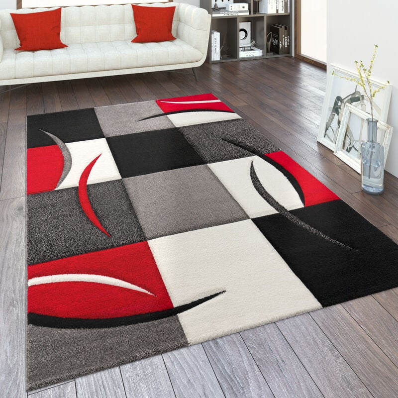 Tapis De Salon En Diff. Coloris Et Tailles Motif Carreaux Rayures Design 3D Poils Ras 160x230 cm, Rouge - Paco Home