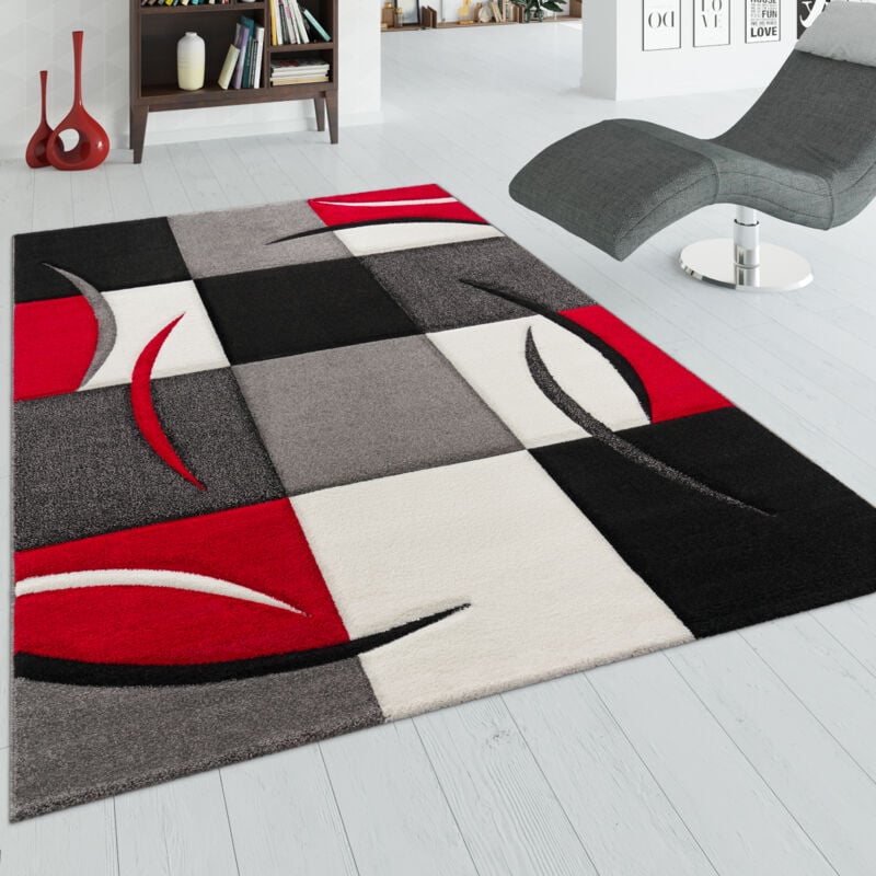 Tapis De Créateur Aux Contours Découpés à Carreaux En Rouge Noir Crème 200x290 cm - Paco Home