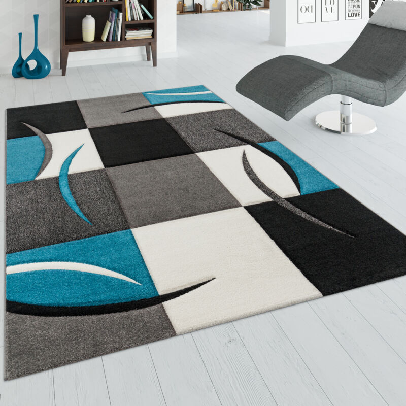 Tapis De Créateur Aux Contours Découpés à Carreaux En Turquoise Noir Crème 60x110 cm - Paco Home