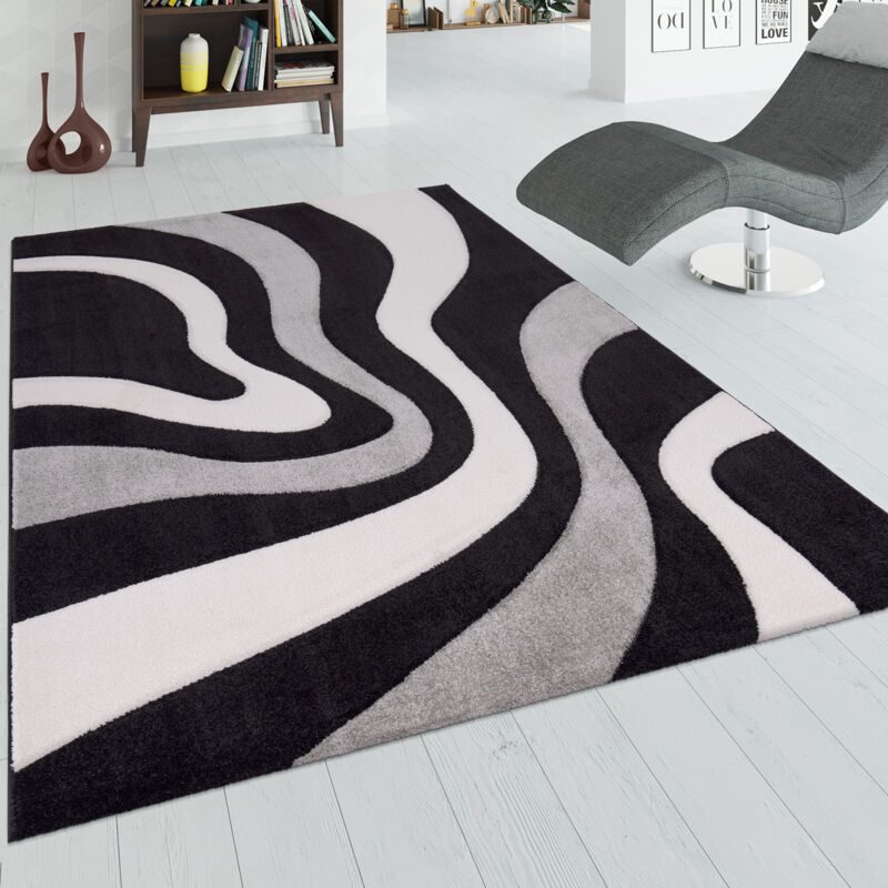 Tapis De Créateur Aux Contours Découpés Motif Vagues En Gris Noir Blanc 80x300 cm - Paco Home