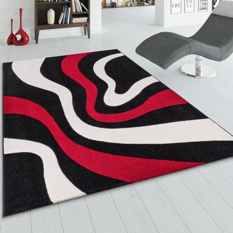 Tapis De Créateur Aux Contours Découpés Motif Vagues En Rouge Noir Blanc 60x110 cm - Paco Home