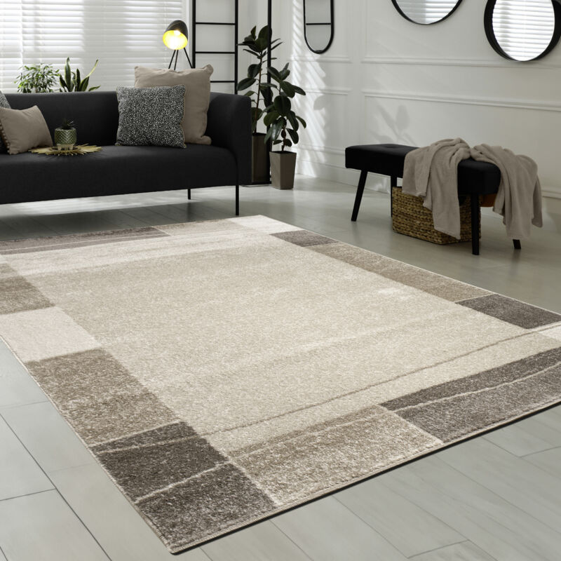 Tapis De Créateur Contemporain à Lignes Et Carreaux En Marron Crème Beige Noir 160x220 cm - Paco Home