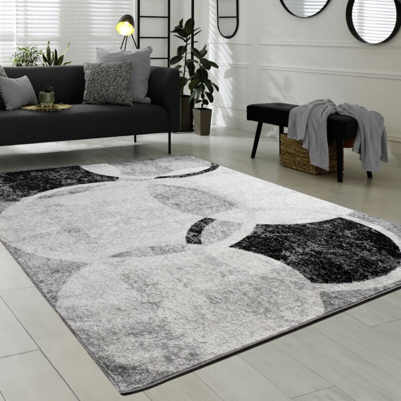 Paco Home - Tapis De Créateur Contemporain Avec Cercles Marbré En Gris Noir Crème 160x220 cm