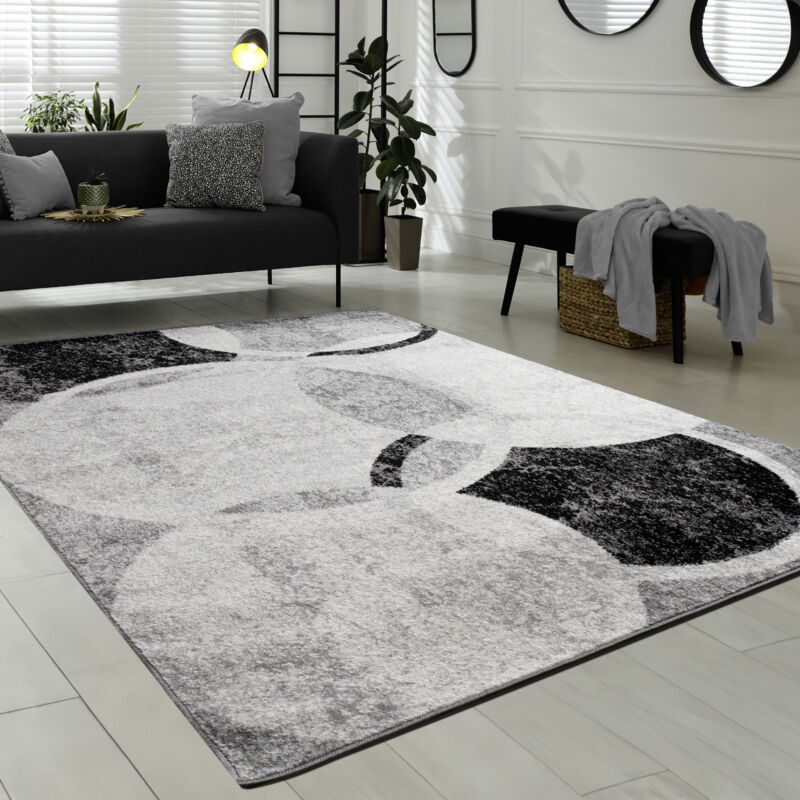 Paco Home Tapis De Créateur Contemporain Avec Cercles Marbré En Gris Noir Crème 190x280 cm