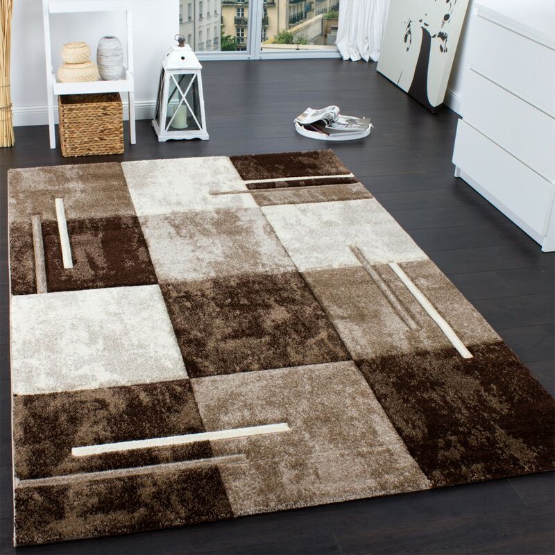Tapis De Créateur Moucheté Aux Contours Découpés à Carreaux Marron Beige Crème 160x230 cm - Paco Home
