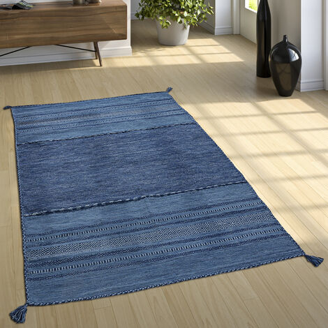 Paco Home Tapis De Créateur Tapis Tissé Kilim Tissé Main 100 % Coton Moderne À Motifs Bleu