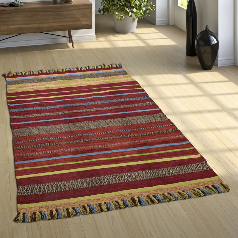 Tapis De Créateur Tapis Tissé Kilim Tissé Main 100 % Coton Moderne Rayé Coloré 120x170 cm - Paco Home