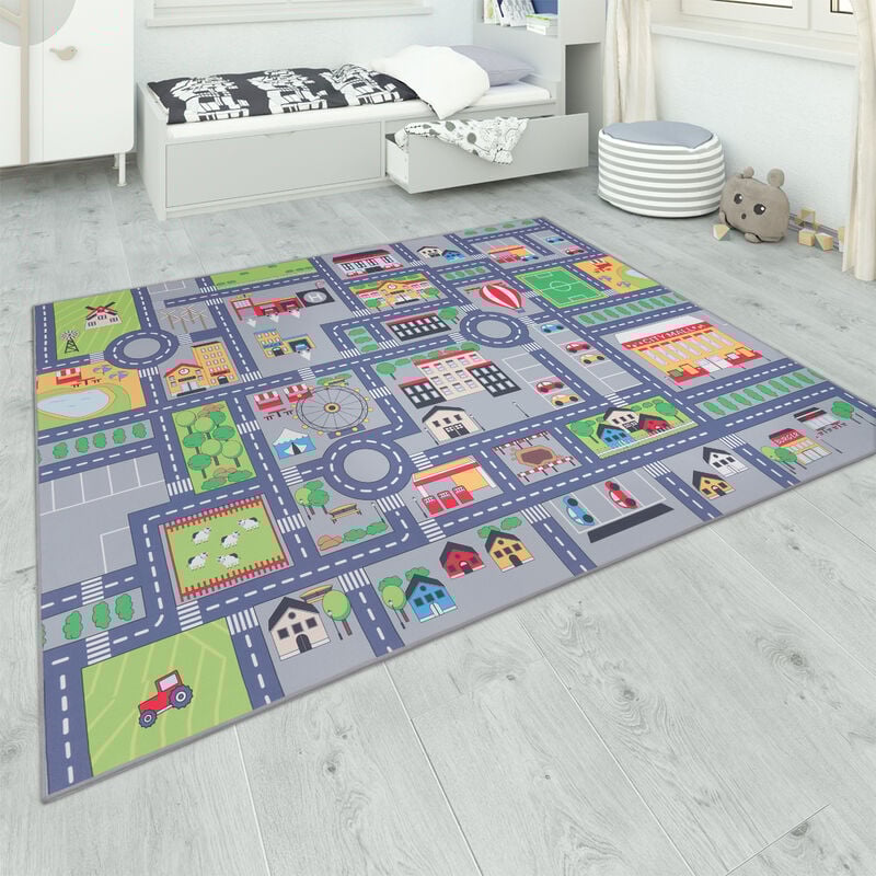 Paco Home - Tapis De Jeu Chambre Enfant Gris Routes Filles Garçons 80x150 cm, Gris 2