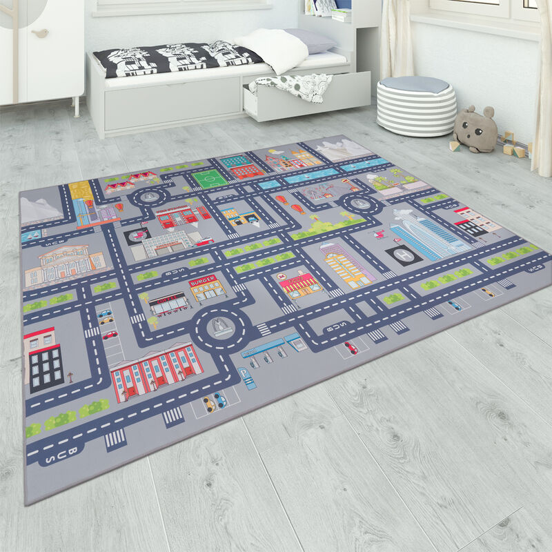 Tapis De Jeu Chambre Enfant Gris Routes Filles Garçons 200x290 cm, Gris - Paco Home
