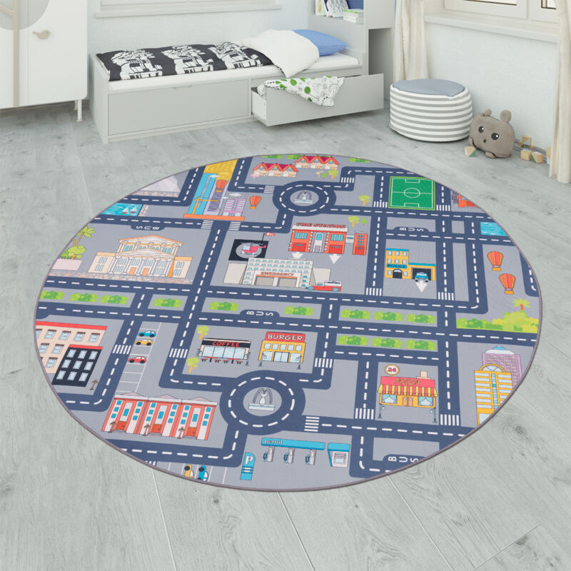 Paco Home - Tapis De Jeu Tapis Pour Enfants Chambre D'Enfant Motifs Rues Auto, Gris 160 cm rond