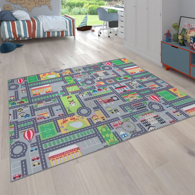 Tapis De Jeu Tapis Pour Enfants Chambre D'Enfant Motifs Rues Avec Voiture, Gris 200 cm carré - Paco Home