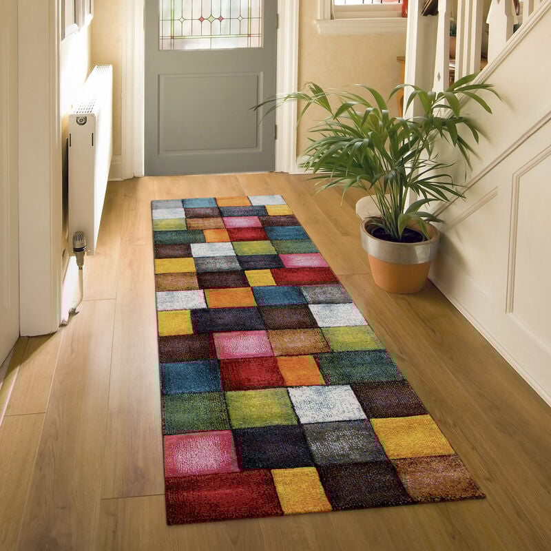 Paco Home - Tapis De Salon à Poils Ras Design Carreaux Coloré Carré Multicolore Coloré 80x300 cm