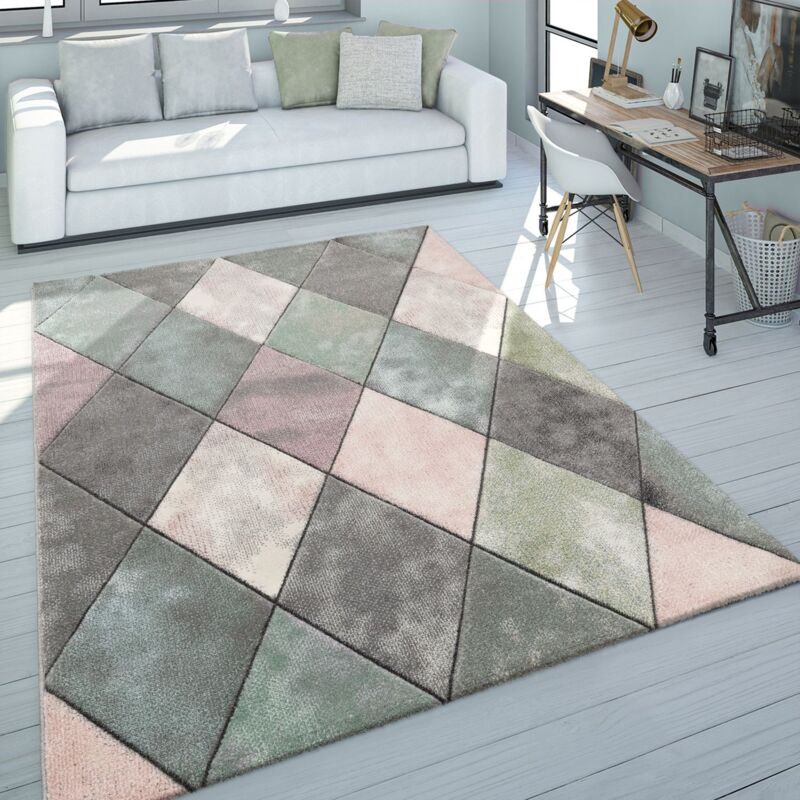 Paco Home Tapis De Salon Coloré Tons Pastel Motif Losanges Design 3D Poils Ras Robuste 240x330 cm