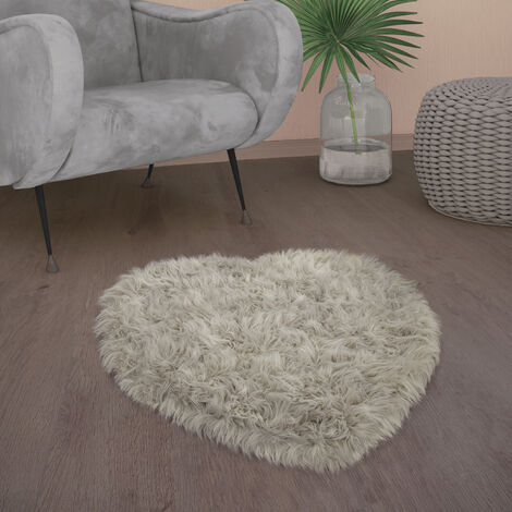 Paco Home Tapis De Salon Fausse Fourrure Imitation Shaggy Coussins De Sol Forme Cœur Rond Gris, 80x75 cm Forme de coeur