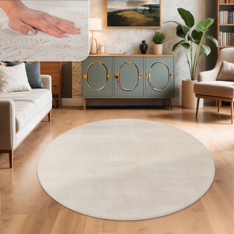 Paco Home - Tapis Salon En Fausse Fourrure Pelucheux Hautes Mèches Doux Plusieurs Couleurs 100 cm rond, Crème
