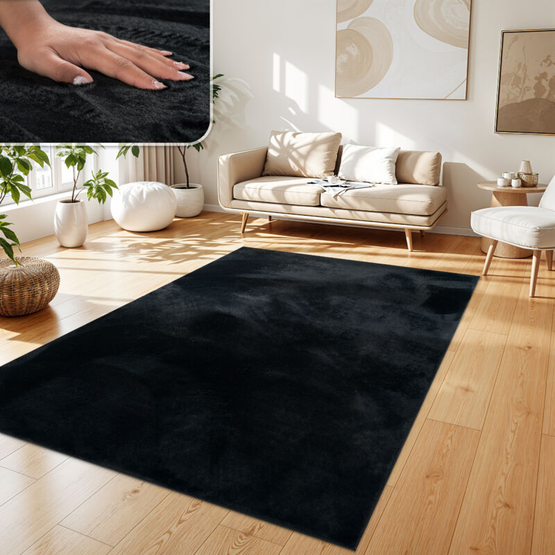 Tapis Salon En Fausse Fourrure Pelucheux Hautes Mèches Doux Plusieurs Couleurs 200x290 cm, Noir - Paco Home